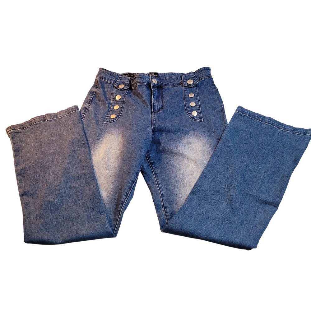 Zoe + Phoebe Slim Boot High Rise Jeans Women 12 Blue Button Fly Stretch Denim